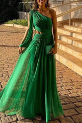 Vestido de noche formal con cuello oblicuo y patchwork liso